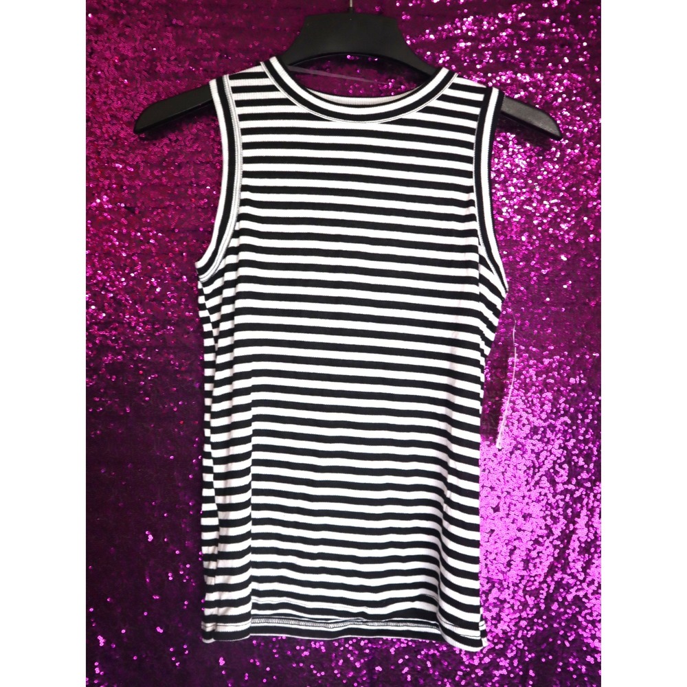 Black White Striped Tank Top Small Just Be Women Ribbed Sleeveless Shell